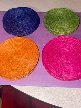 Set of 4 Bright Woven Round Coasters - Blue, Green, Orange, Pink